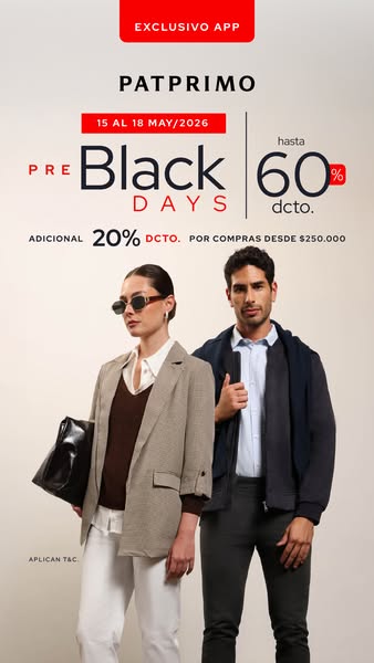 This image ad by Patprimo advertises a pre Black Days sale from May 15-18, 2026, offering up to 60% off and an additiona