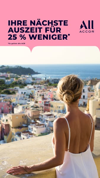 This ad for All Accor promotes a discount on your next getaway. The ad shows a woman from the back enjoying the scenery 