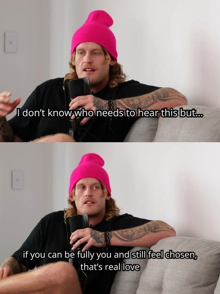 The ad consists of a split-screen featuring a man with long blonde hair and tattoos speaking into a microphone while sit