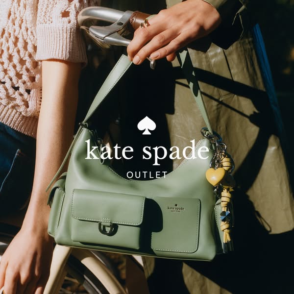 This ad showcases a green Kate Spade outlet bag. A person is holding the bag on a bicycle. The Kate Spade brand is displ