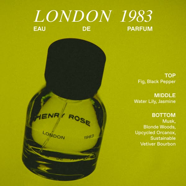 This ad showcases the Henry Rose London 1983 perfume, highlighting its scent notes and brand.