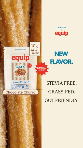 The ad promotes Equip's new chocolate churro flavored Prime Protein powder. The product's packaging is featured 