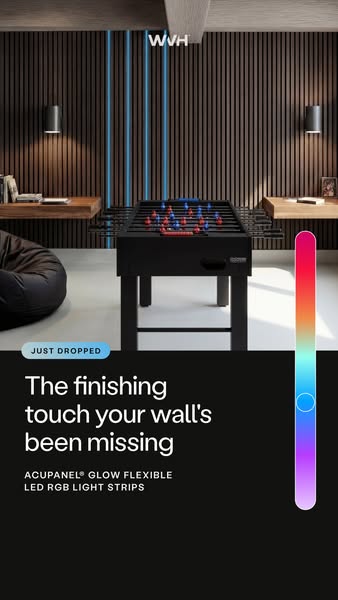 This ad promotes Acupanel Glow Flexible LED RGB Light Strips. The ad shows Acupanel lighting the walls of a modern livin