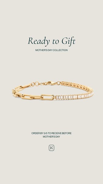This image ad for the Mother's Day collection features a gold bracelet with links and rhinestones. The ad encourages