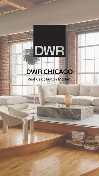 This ad promotes the DWR Chicago store, inviting viewers to visit the Fulton Market location to view the brand's mod