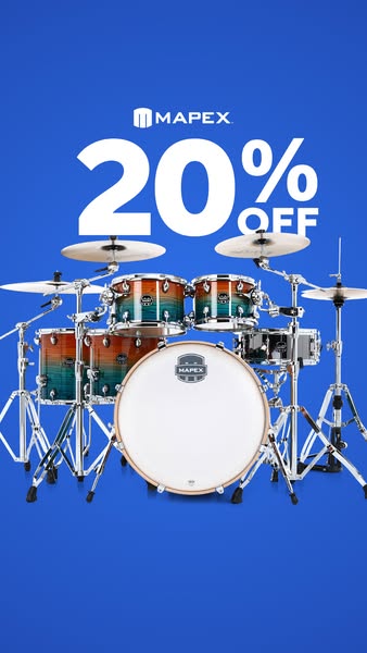 This is a promotional ad for Mapex drum sets, featuring a 20% discount. The ad showcases a full drum set against a solid