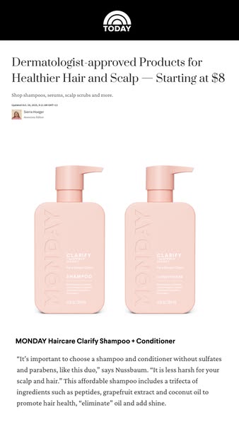 This ad is for Monday Haircare Clarify Shampoo and Conditioner. The ad features two bottles of the product and text high