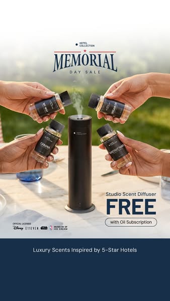 This ad for Hotel Collection advertises a Memorial Day sale and a free studio scent diffuser with an oil subscription, e