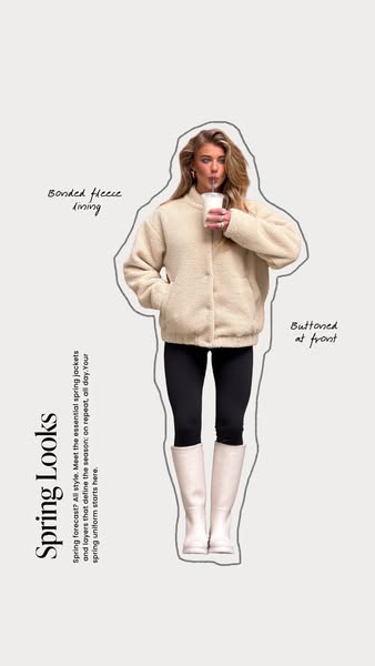An image ad showcasing an essential spring jacket. The ad features a woman wearing a cream-colored teddy jacket paired w