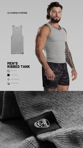 This ad promotes the Gymreapers Men's Ribbed Tank, highlighting its lightweight, stretchable, shape-retaining, and a