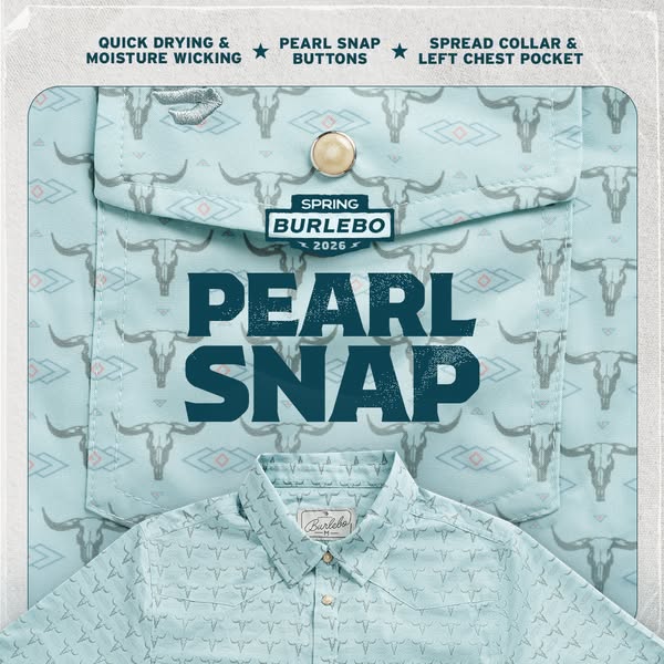 This ad shows a close up of a 'Pearl Snap' shirt with a focus on product features.