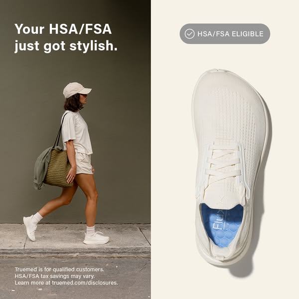 An ad showcasing Truemed shoes, suggesting they are stylish and HSA/FSA eligible. The ad features a split design with a 