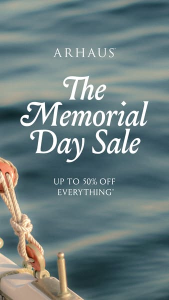 This ad is promoting a Memorial Day sale from Arhaus with up to 50% off everything.