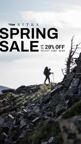 This image ad is for Sitka, advertising a spring sale of up to 20% off select hunting gear. The visual features a hiker 