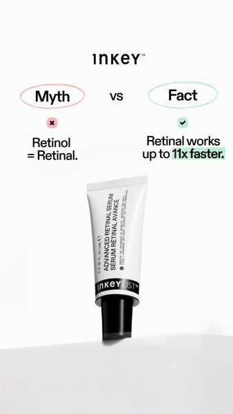This ad compares retinol and retinal, promoting the latter as a faster-acting alternative. It uses a visual 'myth vs