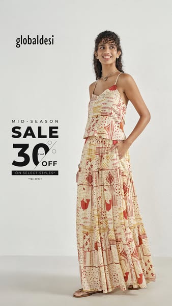 An image ad for Global Desi featuring a model wearing a two-piece dress with a mid-season sale offer of 30% off on selec