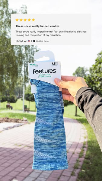 The image ad features a testimonial from a verified buyer who states that the product helped control foot swelling durin