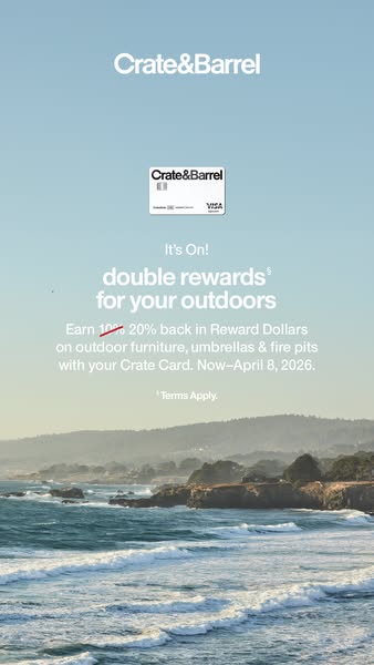 This image ad by Crate & Barrel promotes a limited-time offer for Crate & Barrel cardholders, providing 20% back