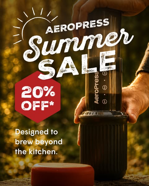 An ad promoting an Aeropress coffee maker with a 20% off Summer Sale. The ad focuses on the convenience of the device an