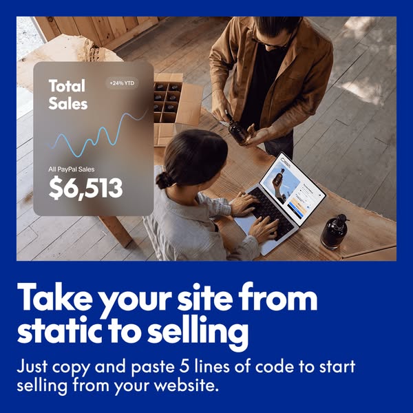 This ad promotes a service that allows users to easily sell from their website by copying and pasting five lines of code