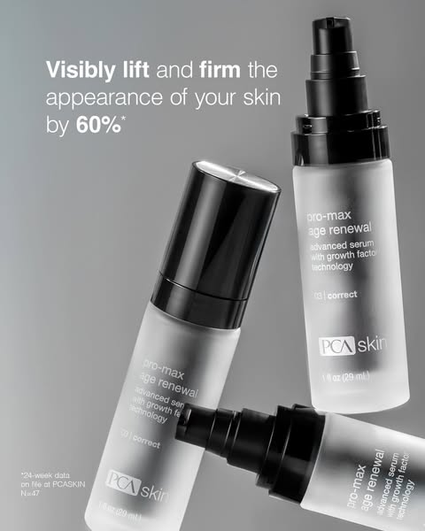 This ad for PCA Skin highlights how the Pro-Max Age Renewal serum can visibly lift and firm the appearance of your skin 