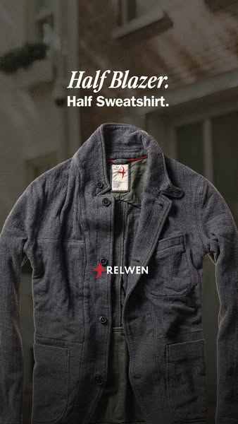 This ad features a Relwen "Half Blazer. Half Sweatshirt." The ad is a product display of the blazer against a 