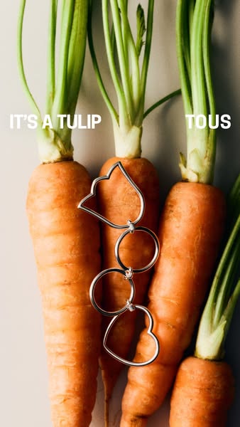 This ad features a minimalist composition using fresh carrots and fashion jewelry by Tous to promote the brand's mod
