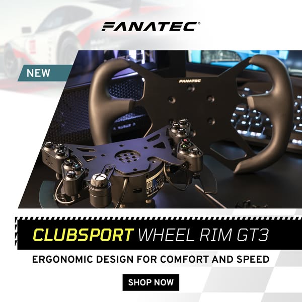 This image ad showcases the new Fanatec Clubsport Wheel Rim GT3. It highlights the product's ergonomic design and en