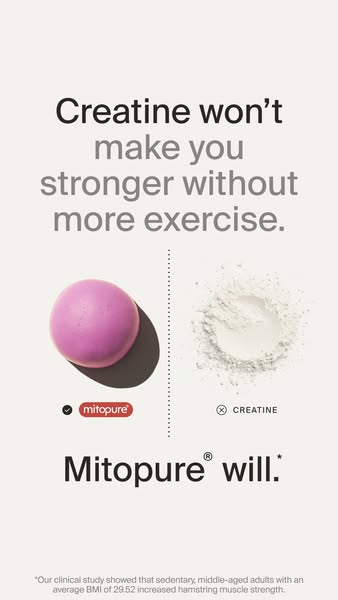 This ad by Mitopure uses a split-screen comparison to illustrate how its product, unlike creatine, can increase hamstrin