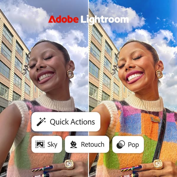 This ad for Adobe Lightroom features a split screen of a woman's selfie before and after using the app. The ad highl