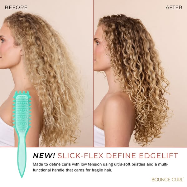 Image ad showing before and after photos of a woman's hair using Bounce Curl's SLICK-FLEX DEFINE EDGELIFT brush.