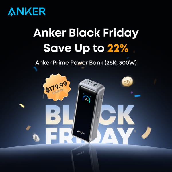 This ad promotes Anker's Black Friday sale, highlighting a discount of up to 22% on the Anker Prime Power Bank (26K,
