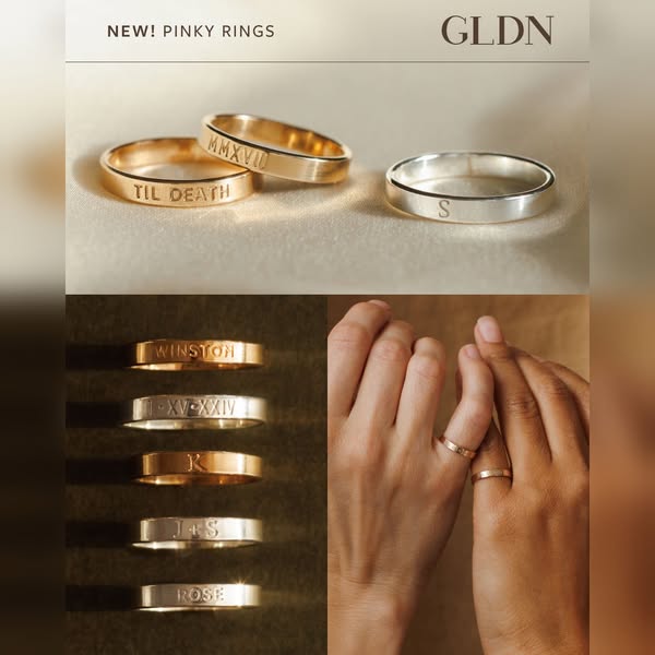 This Meta image ad is for GLDN pinky rings. It features a split-screen design that highlights close-up product details a