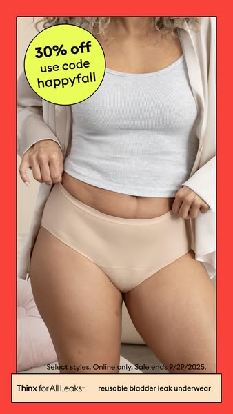 This ad promotes Thinx for All Leaks reusable bladder leak underwear with a 30% off discount using the code happyfall. T