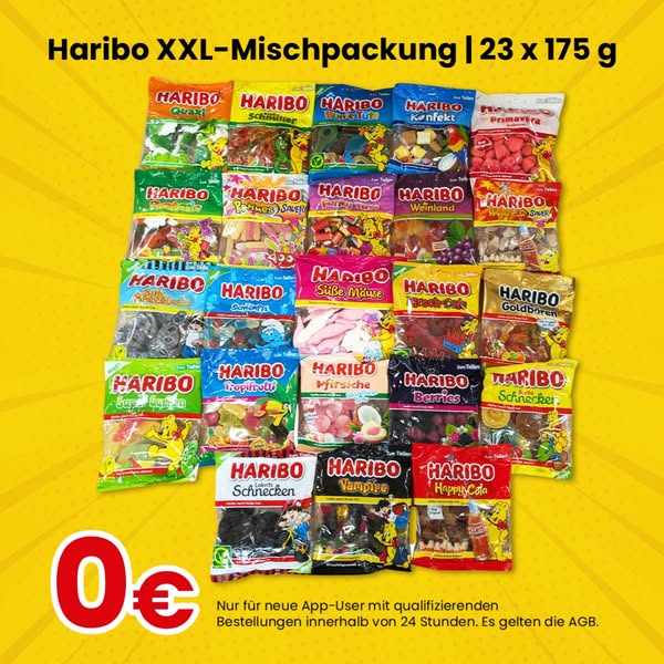 This ad is for the Haribo XXL-Mischpackung (mixed pack), which includes 23 bags of Haribo candy, each weighing 175g. The
