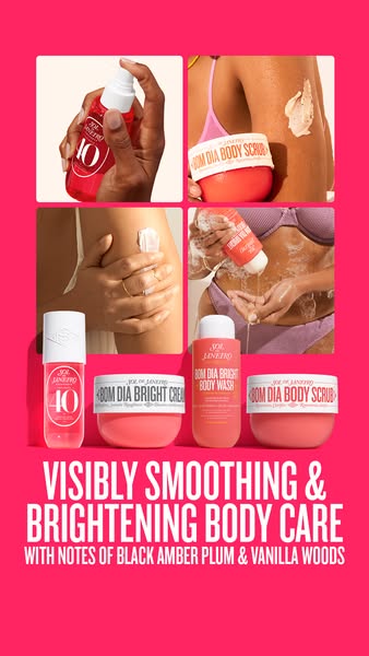 This image ad showcases Sol de Janeiro's Bom Dia body care line, emphasizing its smoothing and brightening benefits.