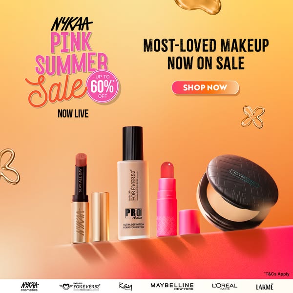 This image ad promotes Nykaa's Pink Summer Sale with up to 60% off most-loved makeup. The ad features various makeup