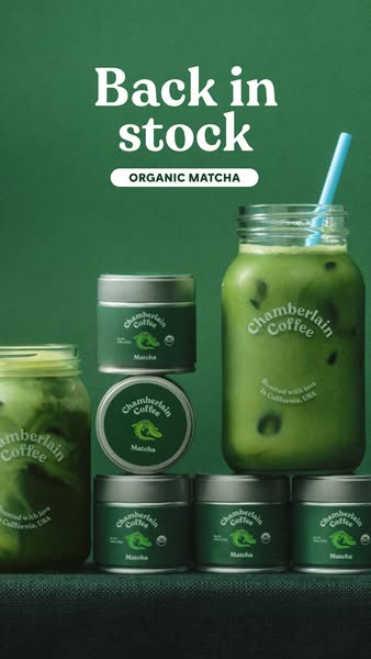 An image ad promoting Chamberlain Coffee's organic matcha product, emphasizing its restocked status against a green 