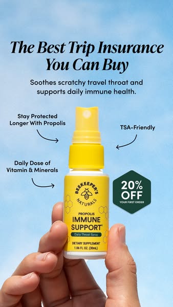 This ad promotes Beekeeper's Naturals Propolis Immune Support throat spray as a convenient and effective travel comp