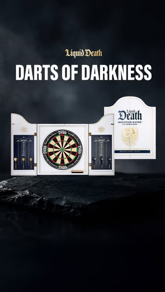 This image ad showcases the Liquid Death Darts of Darkness dartboard and cabinet set, set against a dark, moody backdrop