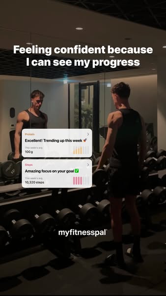 This ad for MyFitnessPal features a man in a gym who feels confident because he can see his progress with the MyFitnessP