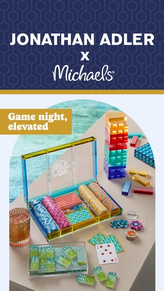 This ad showcases a Jonathan Adler x Michaels poker set as an example of elevated game nights.