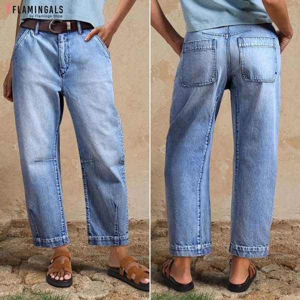 This ad features a split-screen view of a person wearing light wash, wide-leg jeans from FLAMINGALS. The ad showcases bo