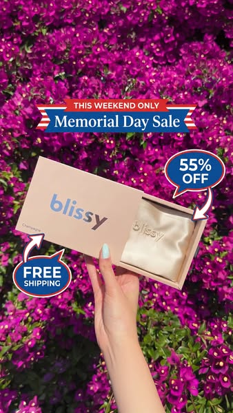 This image ad showcases Blissy silk pillowcases with a limited-time Memorial Day sale. It features a hand holding a Blis