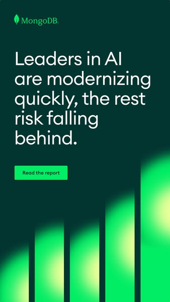 This image ad is for MongoDB. The ad discusses how leaders in AI are modernizing quickly, and the rest risk falling behi
