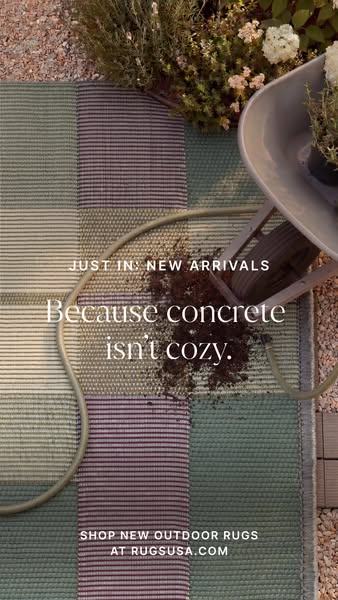 This ad for RugsUSA features a patch-style outdoor rug with the headline "Because concrete isn't cozy."