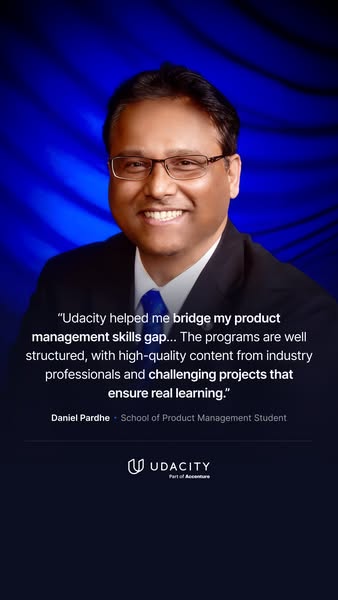 This ad features a portrait of Daniel Pardhe, a School of Product Management student, alongside a quote about how Udacit
