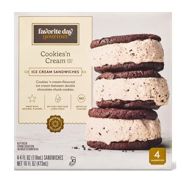 Image ad for Favorite Day Gourmet Cookies 'n Cream Ice Cream Sandwiches.