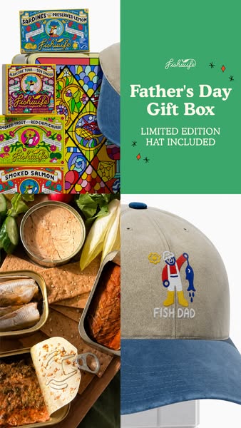 This ad is split into two sections, one showing the food product and the other showing a hat with the words "FISH D