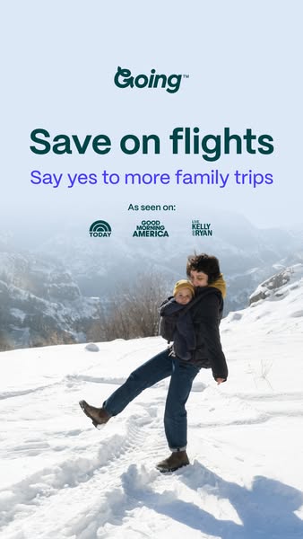 This image ad for Going.com features a woman carrying a baby in a snowy, mountainous landscape. The ad promotes savings 